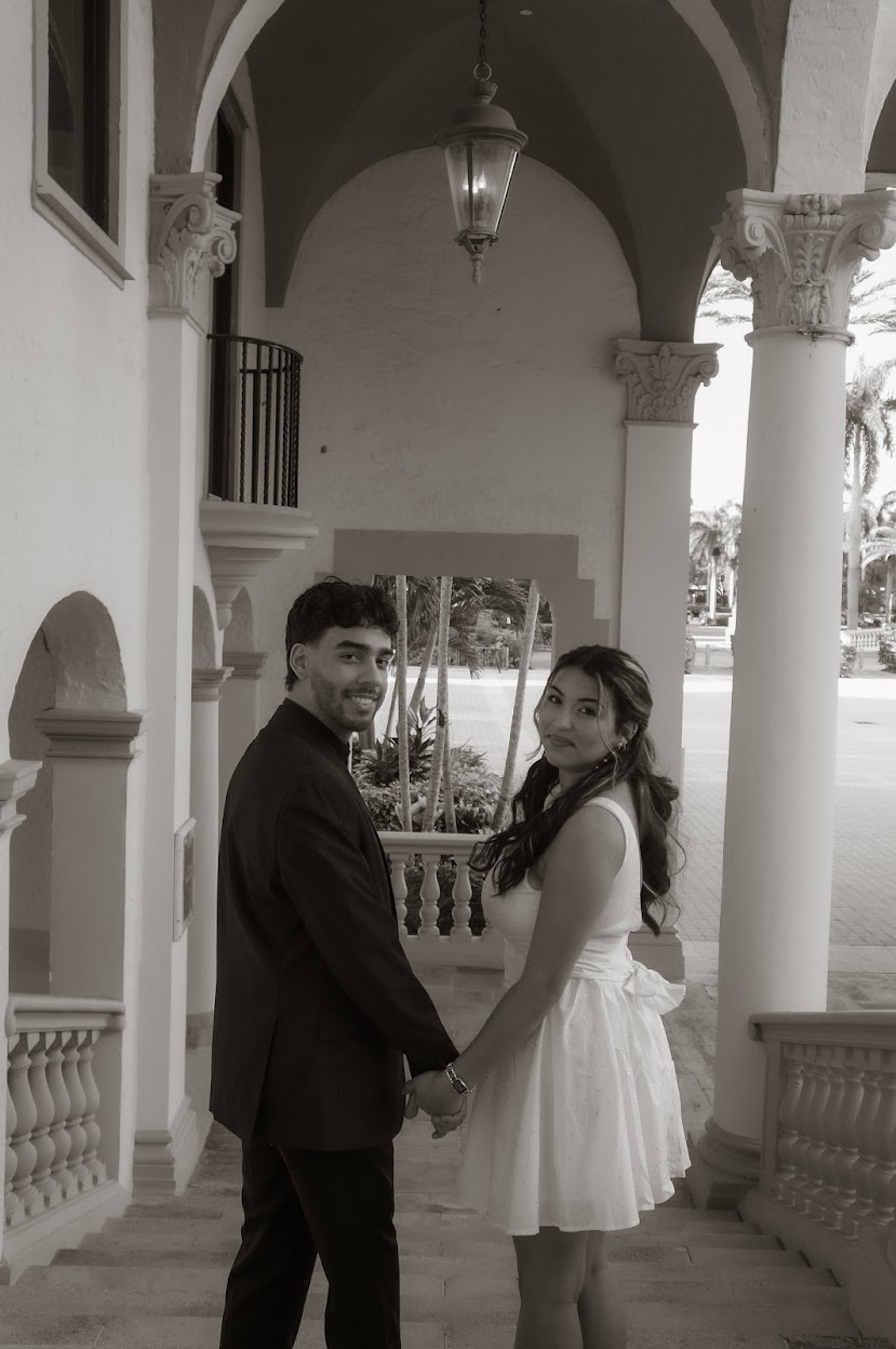 Turning to smile in black and white